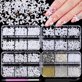 4 Boxes 3D Bow & Flower Nail Charms and Gems, Transparent/Solid Mini Bow Charms White Flowers Clear Rhinestones White Pearls Aurora Bubble Beads Gold/Silver Caviar Beads with Pickup Tools