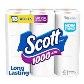 Scott 1000 Papel higiénico por rollo, 18 rollos, seguro para fosa séptica, papel higiénico de 1 capa