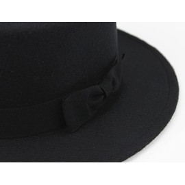 QUUPY Unisex Classic Fedora Hat Flat Top Hat Wide Brim Panama Hat with Bow Felt Jazz Hat Derby Cap Black