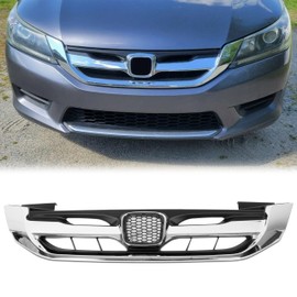 ECOTRIC Front Bumper Grille Compatible With 2013 2014 2015 Honda Accord 4DR/Sedan - Chrome Hood Mesh Grille Grill JDM Mod Style