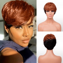 INSTANT FAB Short Human Hair Wigs Pixie Cut Wigs for Black Women Short Pixie Hairstyles Layered Wavy Tapered Back Non Lace Front Wigs - TOPAZ (DL1B/30)