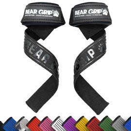 BEAR GRIP Straps - Premium Neoprene Padded, Double Stitched Heavy Duty Weight Lifting Straps with Gel Grip, 100% Cotton, Extra Long Length (Elite Complete Black)