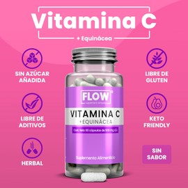 Vitamina C + Equinacea - Sin Sabor- 90 Cápsulas - Sin azúcar Sin Gluten - Flow Supplements