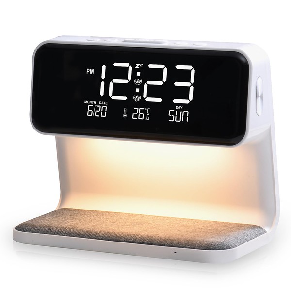 WILIT Touch Bedroom Bedside Lamp, Alarm Clock with Wireless Charger, Alarm Clock Lamp with 3 Levels of Brightness