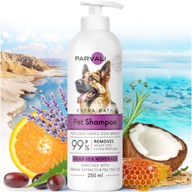 PARVALI Natural Dead Sea Extra Bath Dog Shampoo (250 ml, 8.45 fl oz). for Long-Haired Breeds, Heavy Dirt Treatment, Anti-Itch Formula. Minerals Rich, Extra-Scented, Easy Application. Enjoy!