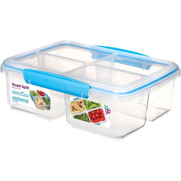 Sistema To Go Quad Split Food Storage Container, Clear with Coloured Clips, 1.7 L