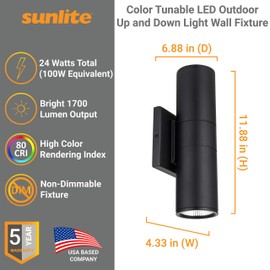 Sunlite 88142 LED Outdoor Up and Down Light Fixture, 24W Total (100W=), 1700 Lmns, Color Temperature Selectable (30K/40K/50K), 50,000 Hour Life Span, IP54 Rated, ETL Listed, Black Finish