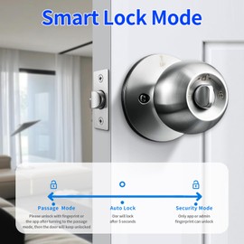 SISAV Smart Fingerprint Door Lock with App Control & Key, Double-Tap Auto-Lock, Biometric Door Knob for Bedroom, Apartment, Office, Hotel, Garage - Silver