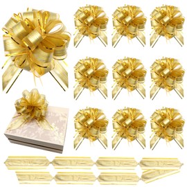 12 PCS Pull Bows for Gift Wrapping Ribbon Pull Bow Gold Gift Bow, Big Pull Bow for Christmas Wedding Anniversary Valentine's Day Gift Wrapping Ribbon Bow for Flower Basket Bouquet, Gold
