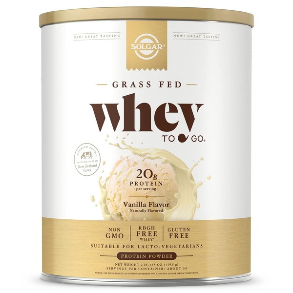 Solgar Grass Fed Whey to Go Protein Powder Vanilla, 2 lb - 20g of Grass-Fed Protein from New Zealand cows - Great Tasting & Mixes Easily - Supports Strength & Recovery -, 36 servings