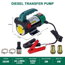 AIGMISON 12V 260W Diesel Transfer Pump Electric Fuel Transfer Pump 45L/Min Oil Suction Pump With Copper Motor For Diesel, Kerosene, Transformer Oil