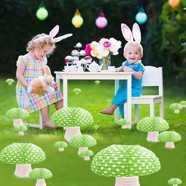 3Pcs Large Green Mushroom Lanterns for Forest Jungle Wonderland Themed Easter Baby Shower Cottagecore Birthday Decorations Hanging 3D Mushroom Ornament Wedding Decorations