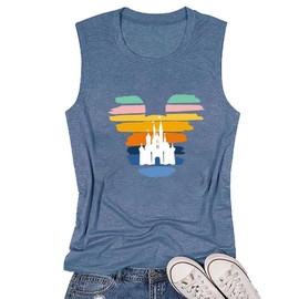 Vacation Clothes for Women Funny Castle Graphic Print Beach Clothing Summer Basic Sleeveless Loose Fit Athletic Workout Tank Tops(Blue XL)