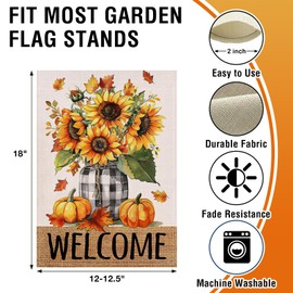 Artofy Welcome Fall Sunflower Small Decorative Garden Flag, Autumn Flower Buffalo Plaid Mason Jar Pumpkin Yard Lawn Outside Decor, Farmhouse Floral Burlap Outdoor Home Decoration Double Sided 12 x 18