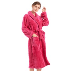 Inner Wish Womens Plush Fleece Robe, Cozy Warm Bathrobe Fuzzy Female Spa Robe With Pockets, ROSE RED,L/XL