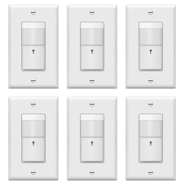 TOPGREENER Motion Sensor Switch, PIR Sensor Light Switch, Occupancy & Vacancy Modes, Operable 𝐖𝐢𝐭𝐡𝐨𝐮𝐭 𝐆𝐫𝐨𝐮𝐧𝐝 𝐖𝐢𝐫𝐞, No Neutral Required, 150W Dimmable LED, TDOS5-KM-W-6PCS, White