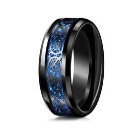 GAUEIOUR Tungsten Carbide Ring,Black Celtic Dragon Titanium Ring, Blue Carbon Fiber Inlay, Exquisite Jewelry, Suitable for Both Men and Women, Jewelry Gift (Size 7)