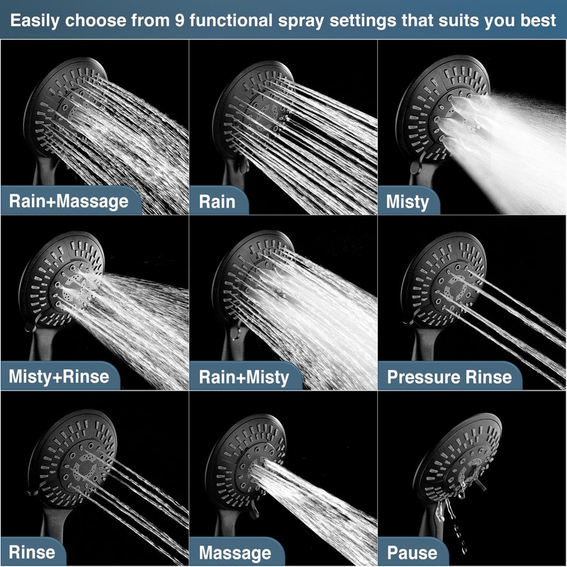 BRIGHT SHOWERS 9 Spray Settings Shower Head with Handheld High