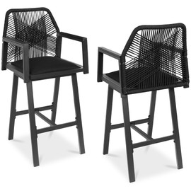 Best Choice Products Outdoor Bar Stools Set of 2, Bar Height, 360° Swivel Aluminum Frame, All-Weather Woven Rope Chair Design w/Armrests - Black/Obsidian