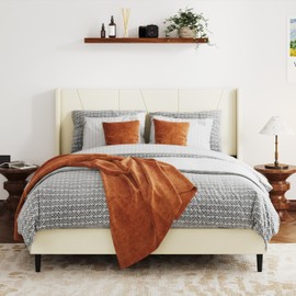 AILUNWALL Full Bed Frame with Velvet Upholstered Headboard, Full Size Platform Bed, Wood Slat Support, No Spring Mattress Required, Easy to Assemble, No Noise, Beige