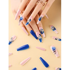3D Rose Flowers Butterfly Press On Long False Nails Medium Length Square Full Cover Acrylic Fake Nails Removable Ballerina Nails for Nail Salons and Home DIY Nail Art 24PCS (FDJ-ZH04 Blue)