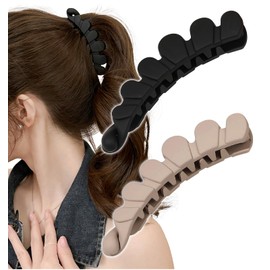 Herbeluemily Banana Clip, Hair Clip, Firm, Hair Clip, Simple, Fashionable, Petal Set of 2, B, Black + Beige