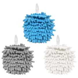 Ball Hanging Hand Towel, 3 Pcs Chenille Hand Towels for Home, Bathroom, Kitchen (White, Blue, Gray)