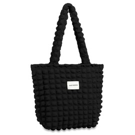 UMEX Women's Tote Bag, Popcorn Bag, Large Capacity, Mother's Bag, Shoulder Bag, A4, Men's, Eco Bag, Handbag, Plain, Black with zipper