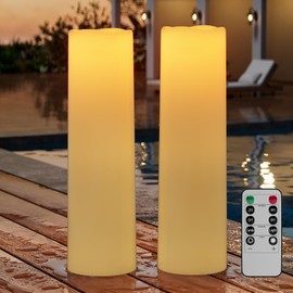 14"×4" Large Outdoor Flameless Candles with Remote Waterproof Battery Operated Candles with Timer LED Pillar Candles Flicking for Home Decoration Porch Wedding Fireplace Lantern, Ivory-Yellow 2Pcs