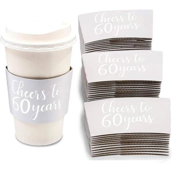 Cheers to 60 Years - Mangas para copa de café para 60 aniversario o cumpleaños, para tazas de 12 a 40 onzas, se adapta a 12 oz (lámina de plata, 50 unidades)