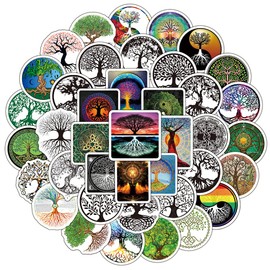 Tree of Life Stickers, Pack of 50 Trendy Tree of Life Totem Stickers for Water Bottle, Laptop, Scrapbook, Skateboard, Motorcycle, Car, Bicycle, Luggage, Waterproof Vinyl Graffiti Stickers for Adults