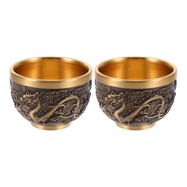 LOGOFUN 2pcs Kung Fu Teacups Chinese Copper Tea Cup Vintage Dragon Pattern Tea Tasting Cup Chinese Embossed Tea Mugs for Home Office Supplies