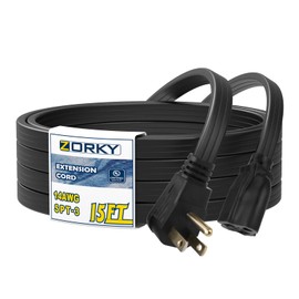 Zorky 15 ft Flat Plug Black Extension Cord，14/3 SPT-3 Heavy Duty Appliance Extension Cord-Extension Cable with 3 Prong Grounded Plug for Safety - for Appliance,Refrigerator, Space Heater