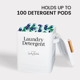 Modern Farmhouse Laundry Detergent Container for Laundry Room Decor and Accessories, Metal Laundry Pods Container for Laundry Decor, Laundry Powder Container for Laundry Room Organization (White)