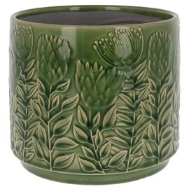 Shudehill Giftware Deco Glaze Planter Pot - Petal Leaf Floral Garden Design With Neutral Earth Tone Colours - Blue, Green, Beige, Grey, Brown (Artichoke)