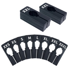40 Pack Rectangular Black Plastic Clothing Size Closet Rack Dividers Hangers, Preprinted in 8 Sizes XXS, XS, S, M, L, XL, XXL, XXXL (2.5”x 5”, Inner Diameter 1.38”)