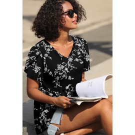 CATHY 2025 Women Tops Summer Casual Tunic Short Sleeve V-Neck Shirts Comfy Plus Size Blouse Soft B-Carving XX-Large