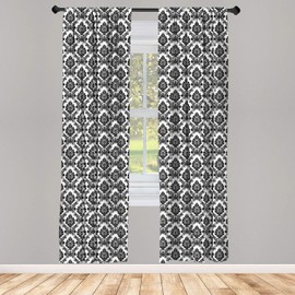 Lunarable Damask 2 Panel Curtain Set, Antique Classic Damask Flowers Pattern Traditional Artwork Design Monochrome, Lightweight Window Treatment Living Room Bedroom Decor, 56" x 84", White Black