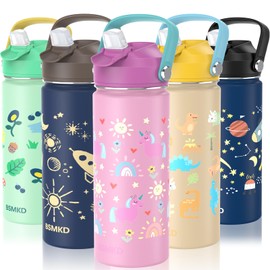 BSMKD Botella de Agua para Niños, Botella de Acero Inoxidable para Niños y Niñas, 18oz Termo de Agua Aislada Reutilizable con 2 Pajitas, 100% A Prueba de Fugas, para Escuela (Rosa)