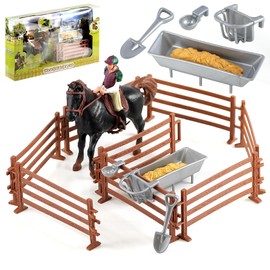 The Magic Toy Shop Horse and Rider Playset with 14 Pieces - Complete with Yard Fence, Trough, Tools - Kids Horse Toys for Boys and Girls, Horse Stable Toys, Plastic Horses, Horse and Stable Play Sets