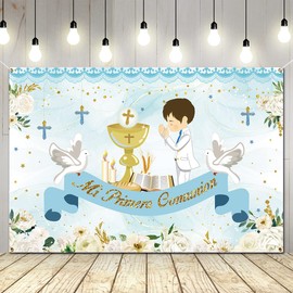 Baptism Decorations-Blue Floral Baptism Backdrop,God Bless Mi Primeria Communion Photo Backdrop Banner for Boys First Communion Baptism Christening Baby Shower Backdrop Baptism Favors