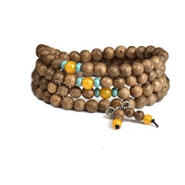 8mm*108pcs Wood Bracelet Wrist Link Necklace Chain Tibetan Buddhist Sandalwood Bead Prayer Buddha Mala Chinese Knot (Blue+Orange)