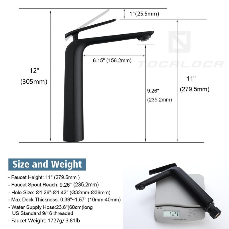 TOCALOCA Black Bathroom Faucet Tall Vessel Sink Faucet Matte Black