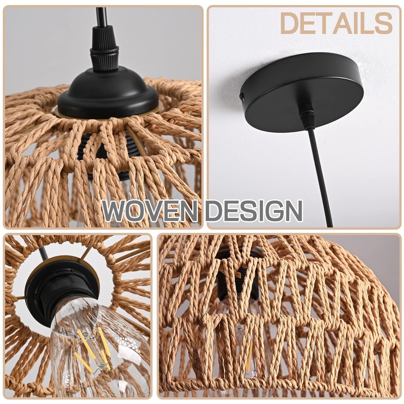 AyshwillDec Hemp Rope Woven Pendant Light Woven Light Fixture Boho
