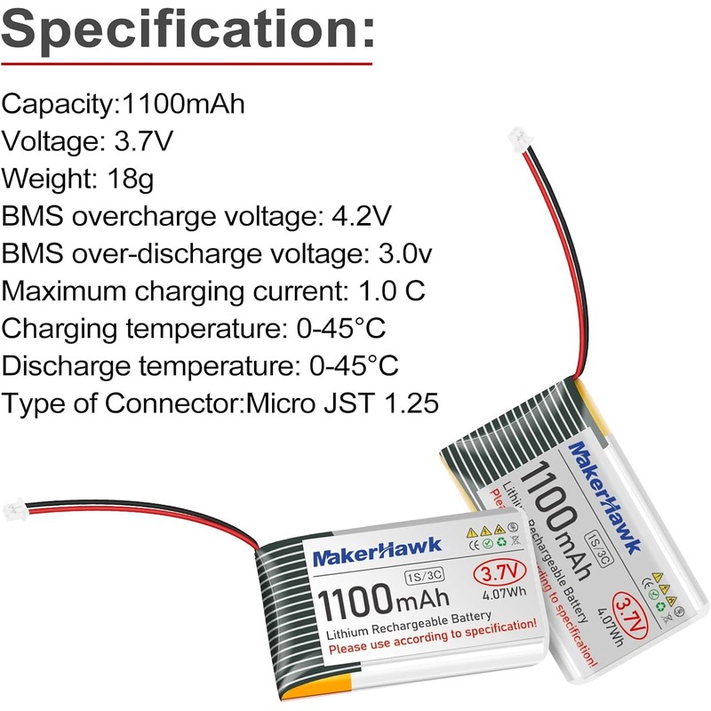 MakerHawk 3.7V 1100mAh LiPo Battery 102540 Rechargeable 1S Lithium Polymer