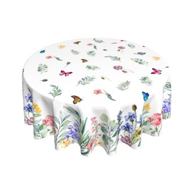 ABSOP Spring Summer Floral Tablecloth Round 60 Inch Watercolor Butterfly Flower Table Cloth Washable Farmhouse Table Covers for Kitchen Holiday Picnic Party Dinner Room Picnic Indoor Outdoor Decor