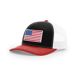 Joe's USA Richardson 112 Classic Six Panel USA Flag Patch Trucker Cap-OS-Black/White/Red