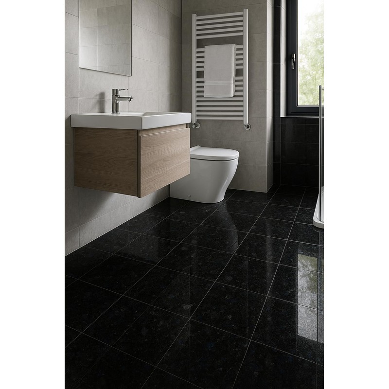 Tenedos Deep Black and Spark Blue Dot Granite Flooring Bathroom