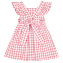 AGQT Little Girls Plaid Dress Gingham Fly Sleeve Backless Summer Dresses Spring Smocked Birthday Easter Dresses Pink Size 5-6T