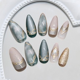 RUOKEXIN Almond Press on Nails Medium Length Fake Nails Cat Eye False Nails with Gold Glitter Designs Ombre Sparkly Artificial Nails Full Cover Glue on Nails Cute Stick on Nails for Women 24Pcs